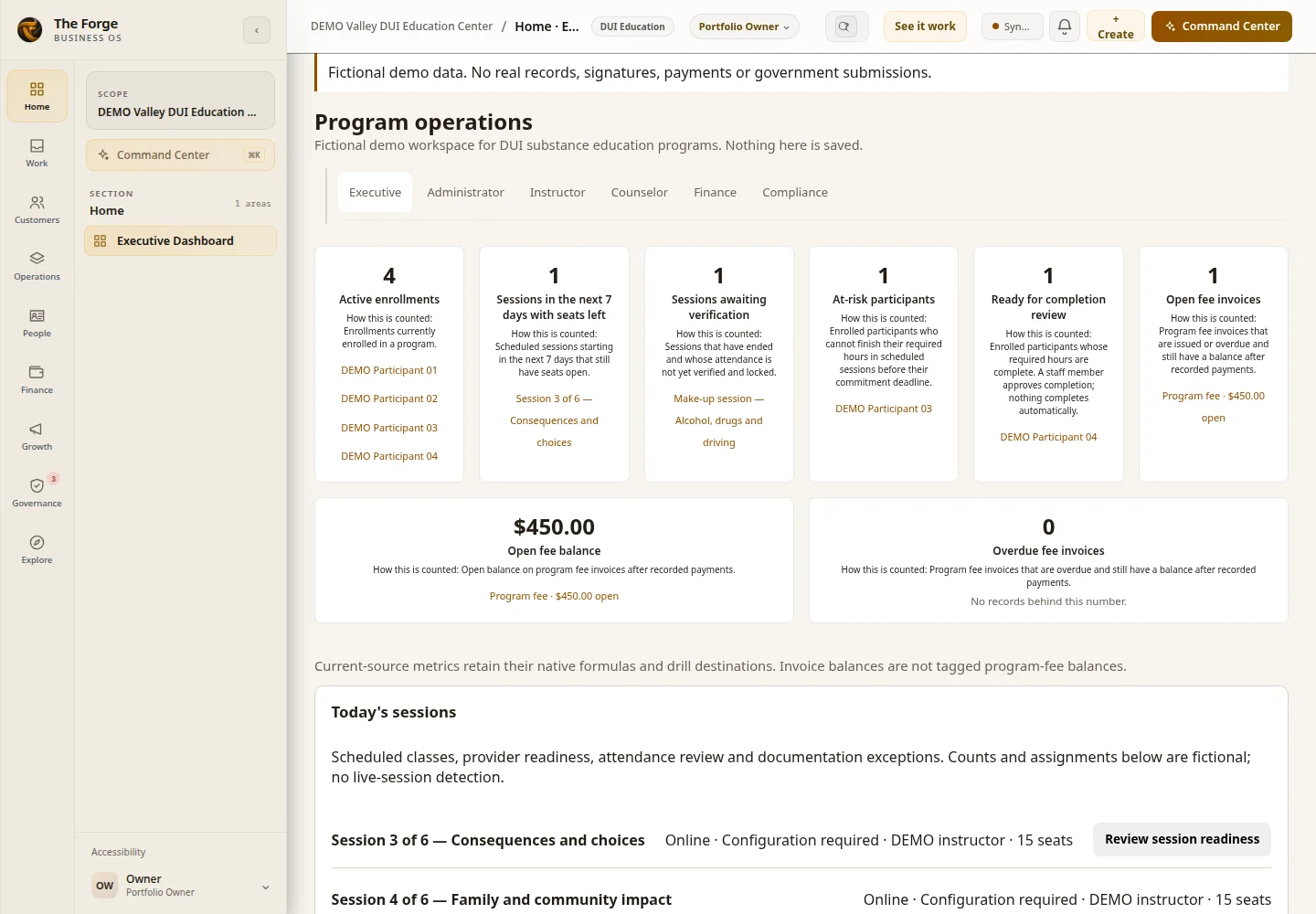 Forge Command Center in demo mode for a fictional DUI program: the Program operations section and role tabs