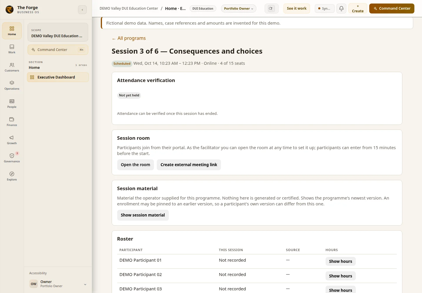 Existing Forge Session page for a fictional DUI session, with room controls and the roster