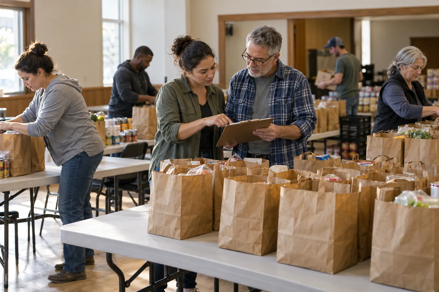 Fictional community volunteers preparing tables and donated grocery bags in a community hall