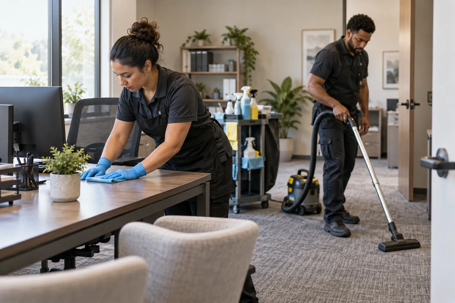 Fictional commercial cleaning workers wiping a desk and vacuuming a workplace