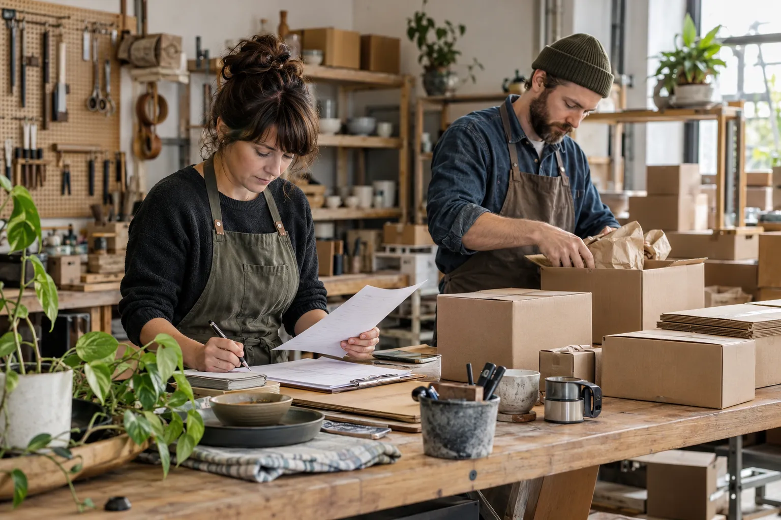 Fictional small-business colleagues reviewing a job list and sorting completed orders at a workbench