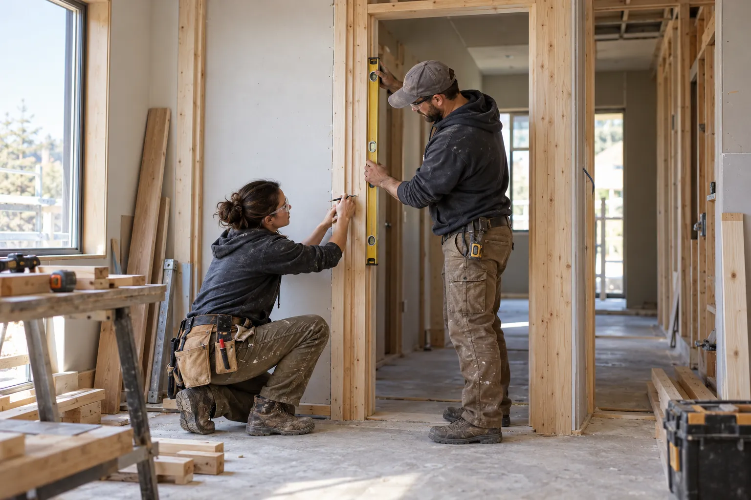 Two fictional tradespeople checking and marking a framed doorway in an unfinished interior