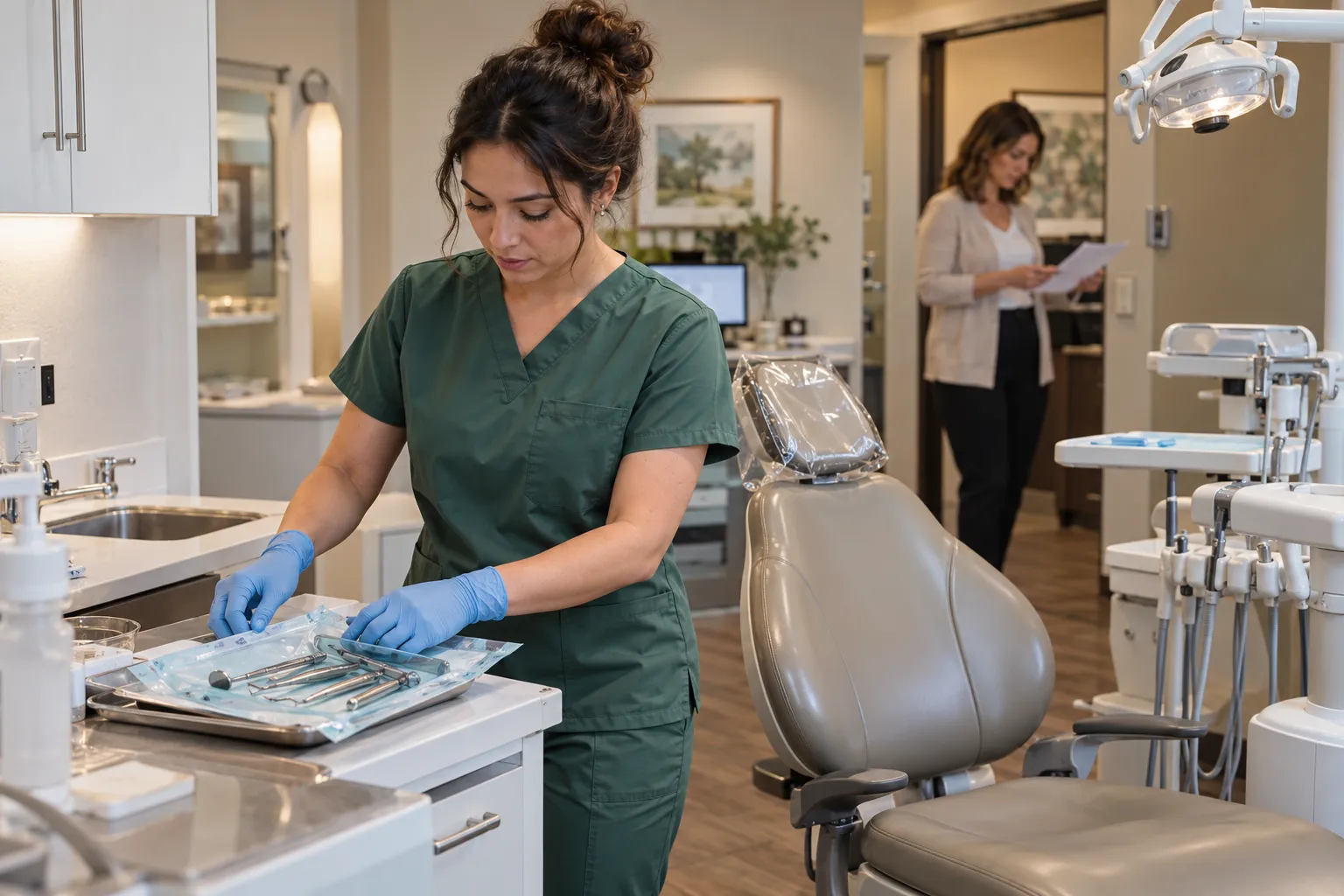 Fictional dental staff preparing a treatment room between appointments