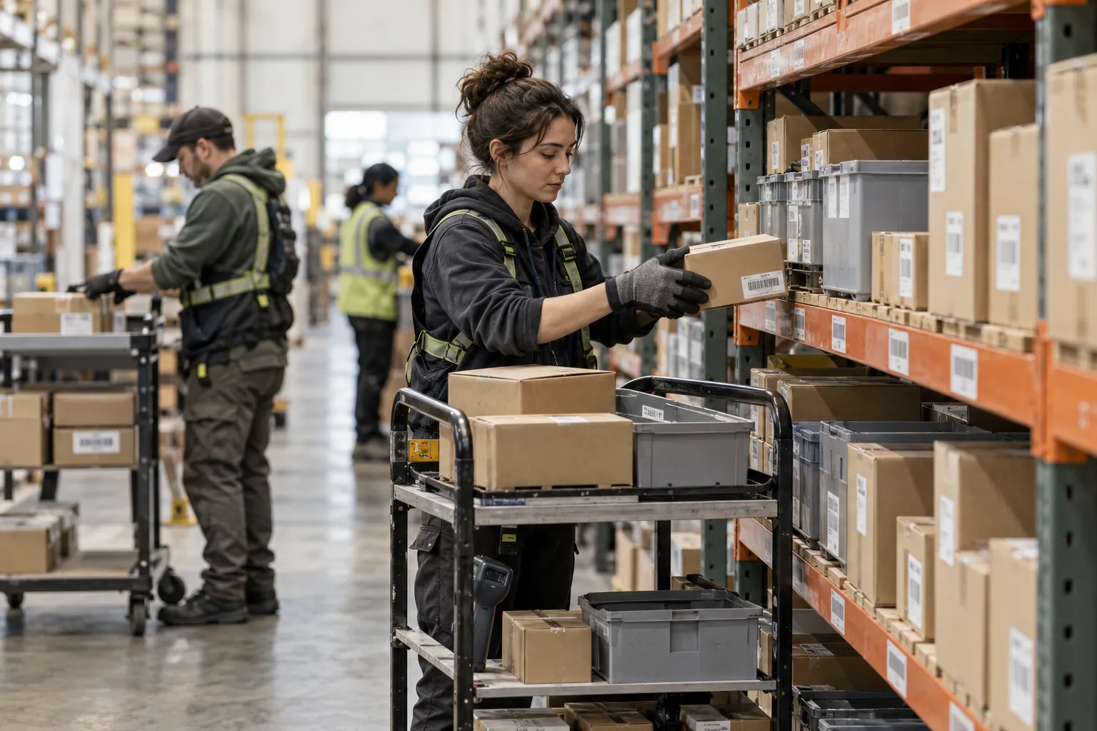Fictional warehouse workers moving a carton from shelving onto a picking trolley