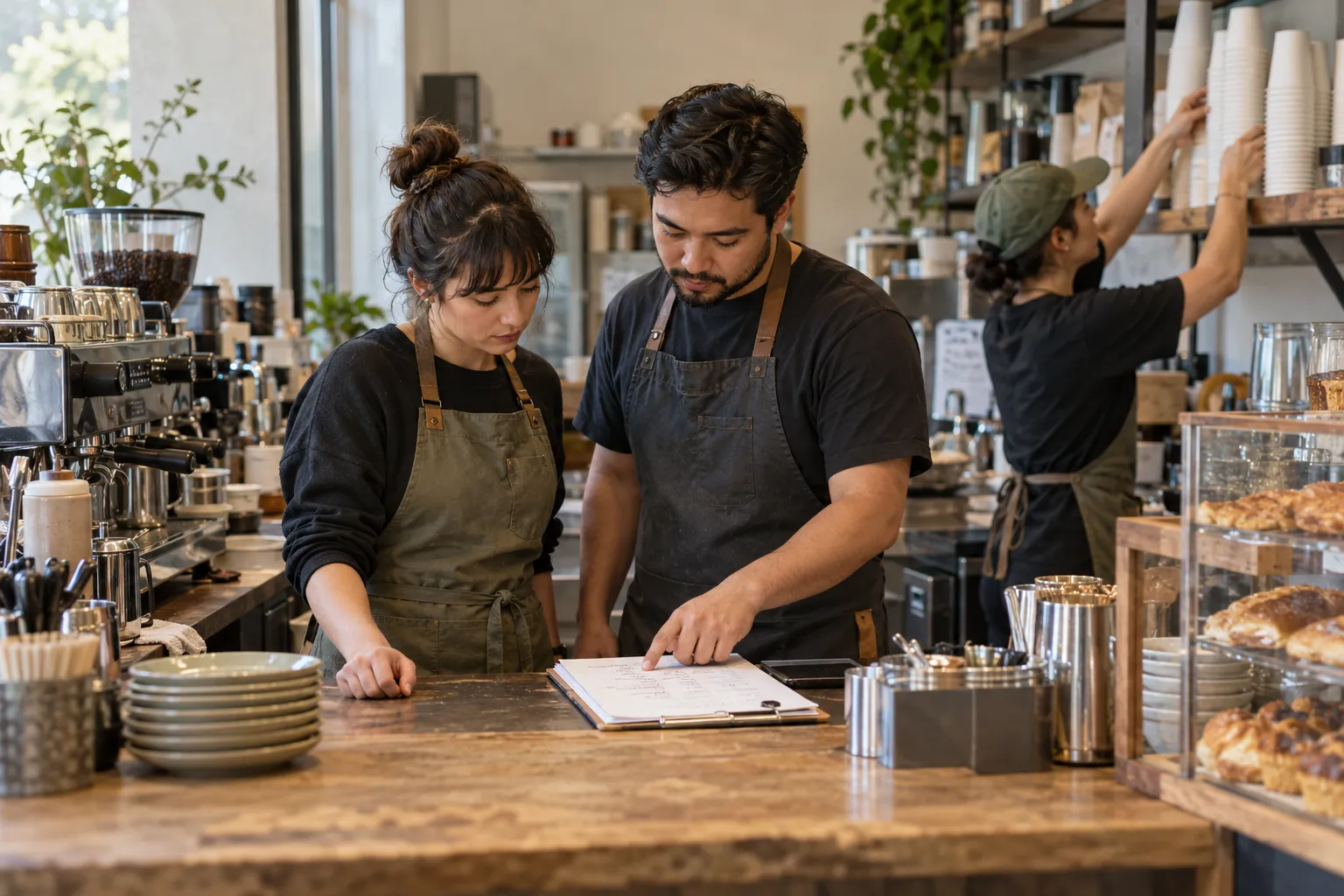 Fictional cafe team checking an opening list and restocking the counter