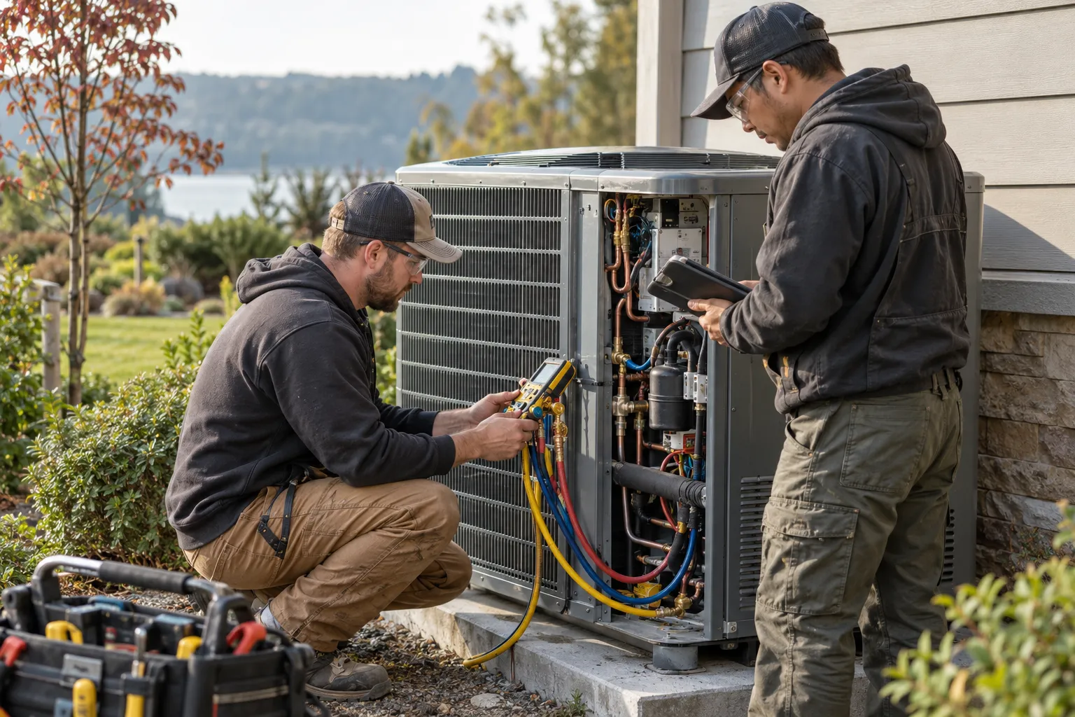 Fictional HVAC technicians checking an outdoor heat pump during a service visit