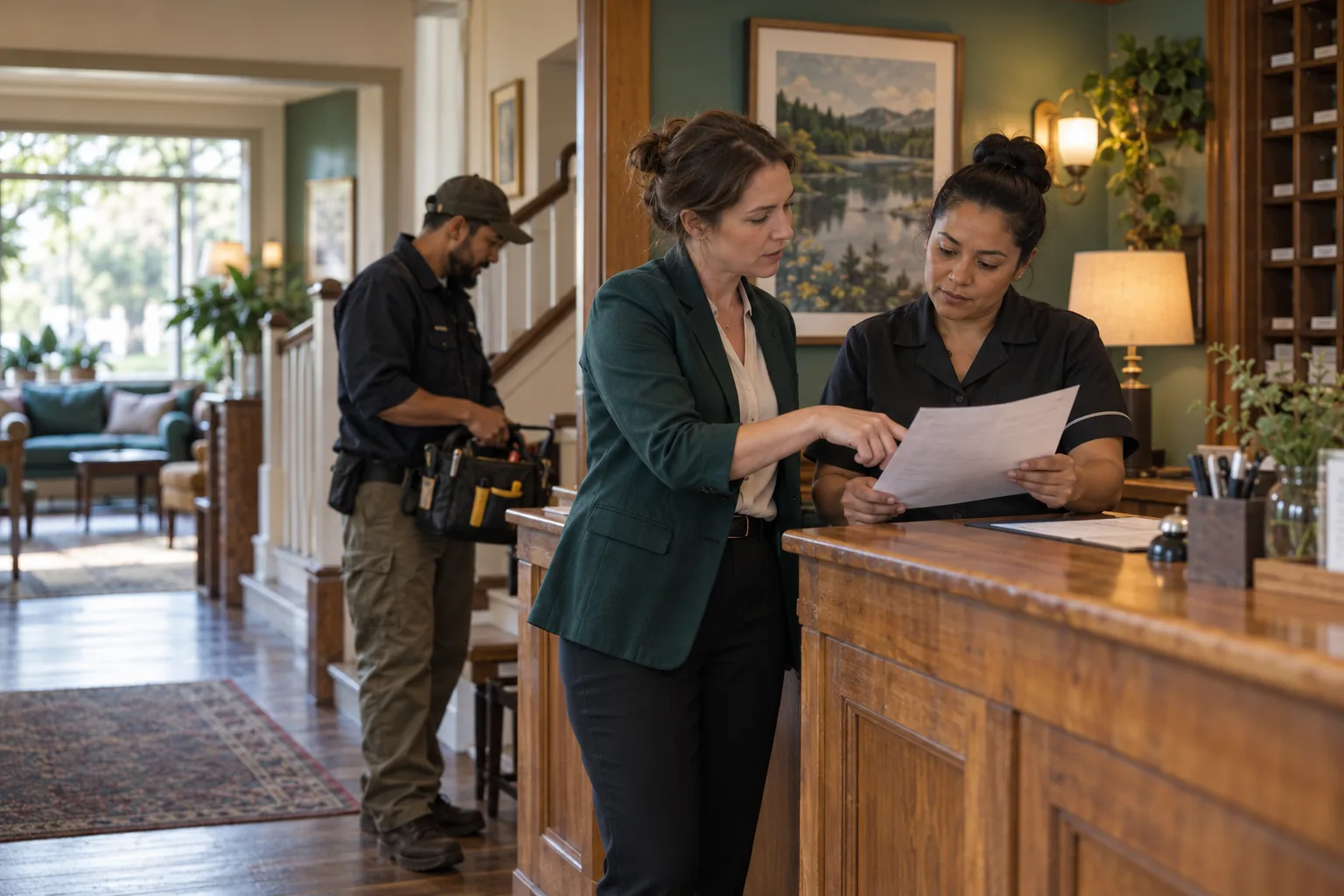 Fictional hotel manager and housekeeping supervisor reviewing a maintenance handoff at reception, with a technician nearby