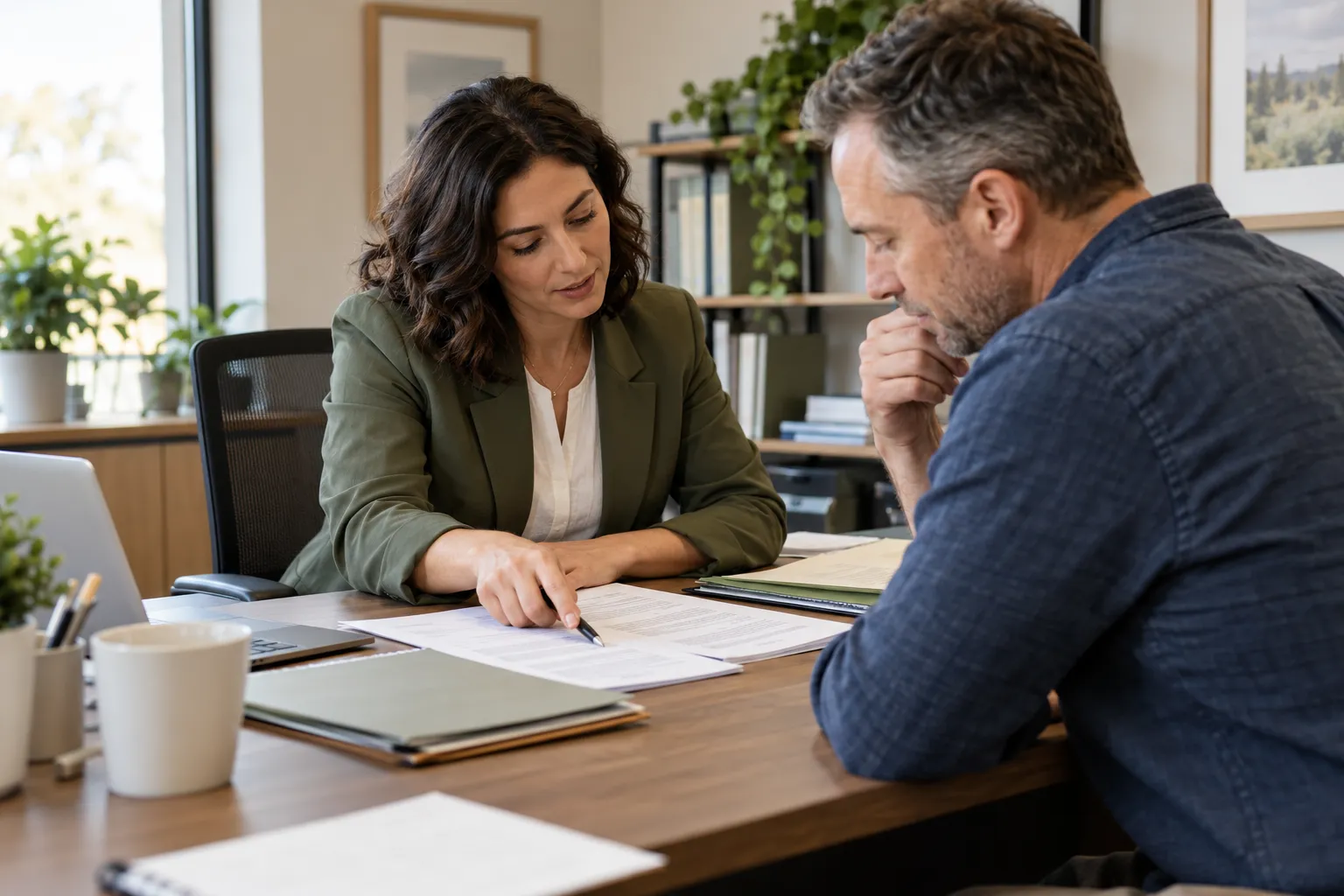 Fictional insurance adviser reviewing policy paperwork with an adult client