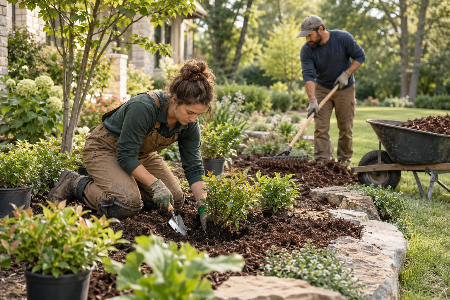 Fictional gardeners planting shrubs and spreading mulch in an established garden
