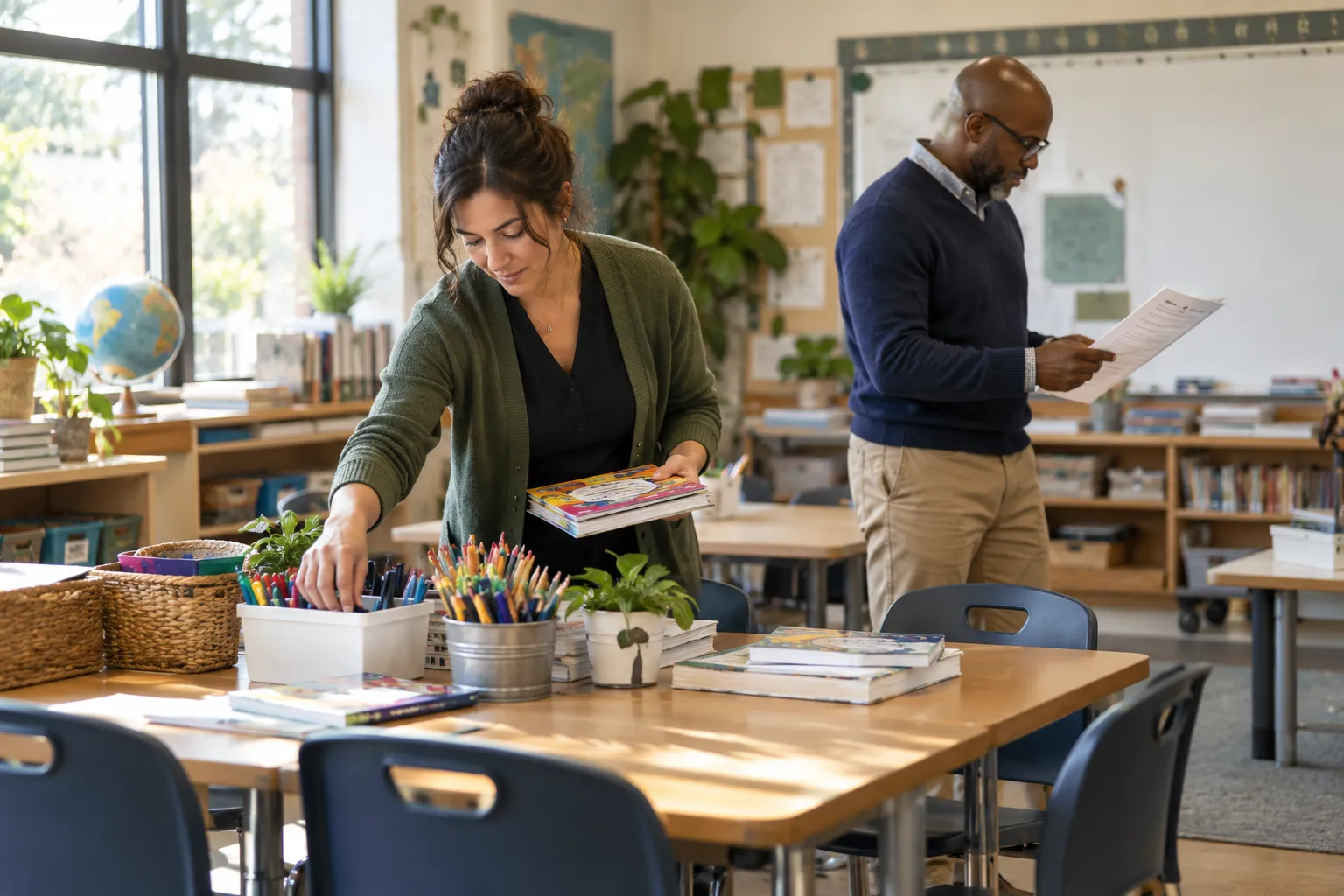 Fictional teacher and administrator preparing a classroom before students arrive