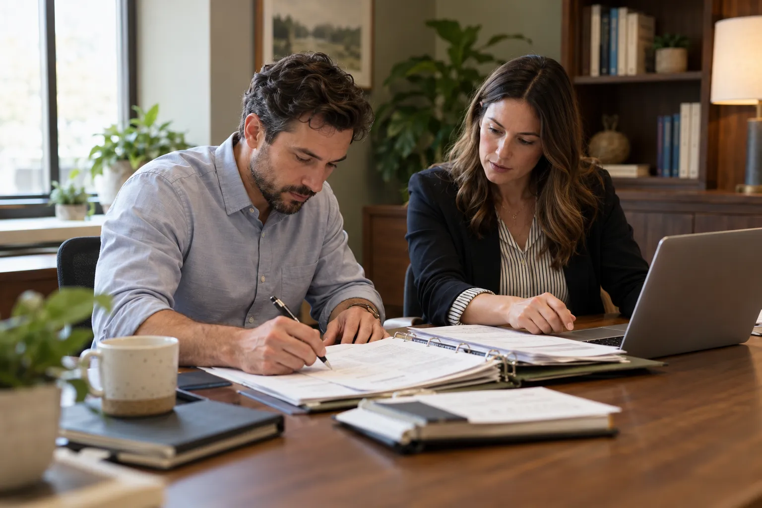 Fictional professional advisers reviewing client paperwork in a small office