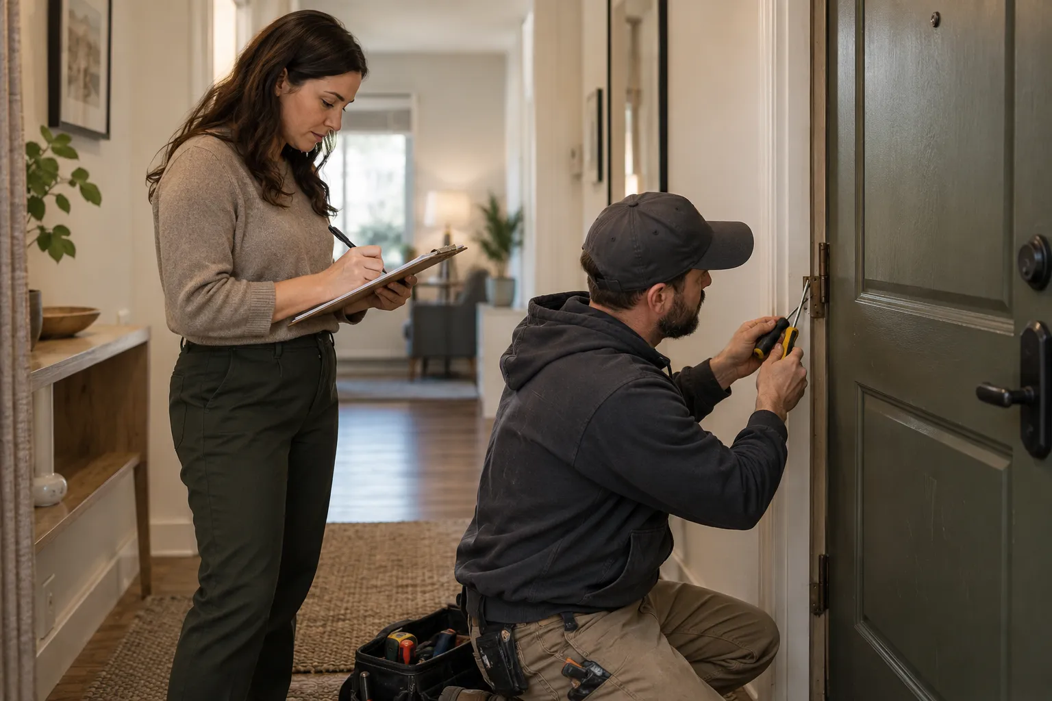 Fictional property manager and maintenance technician checking an apartment entry door