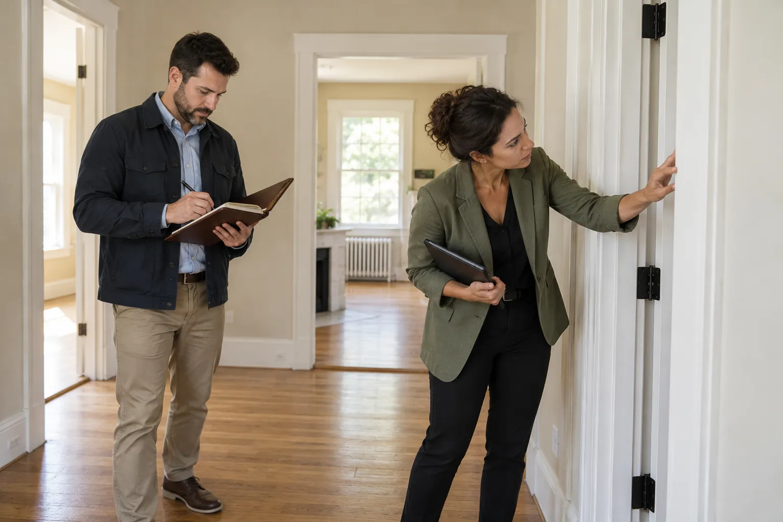 Fictional real estate colleagues inspecting a home before a showing