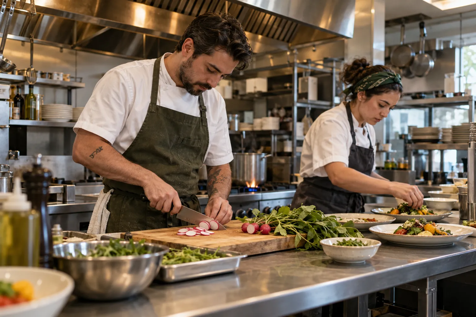Fictional restaurant cooks preparing vegetables and plated dishes in a working kitchen