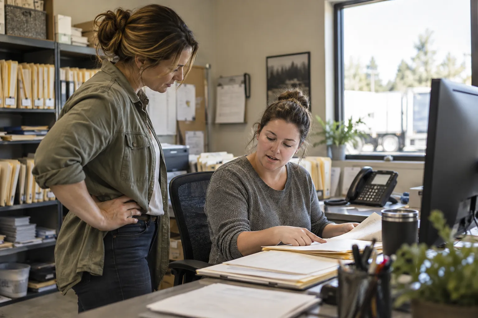 Fictional small-business owner checking daily work with an office colleague