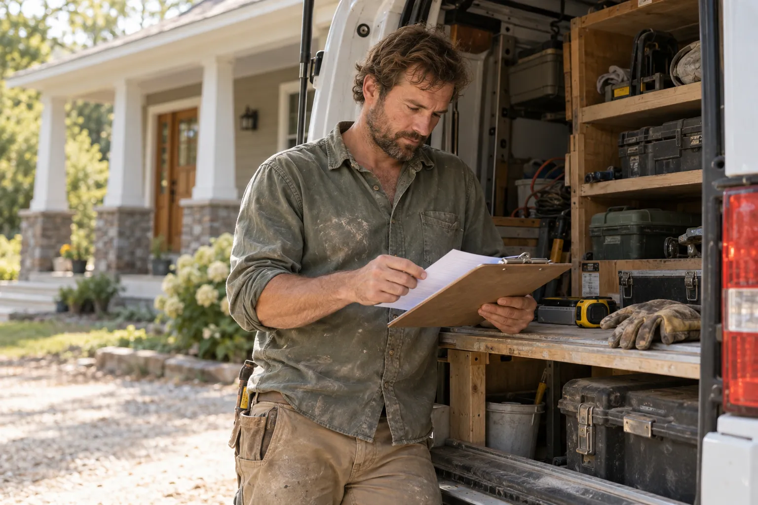 Fictional contractor reviewing a completed job sheet beside a service van