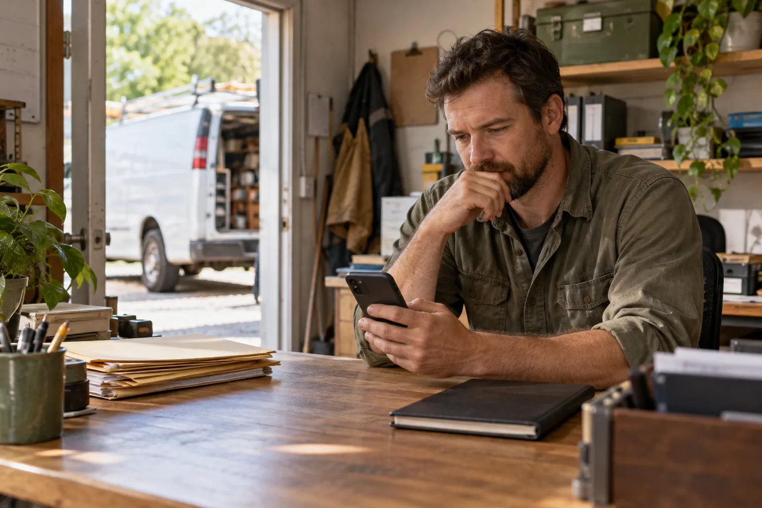 Fictional home-service owner checking a customer request on a phone at a workshop desk