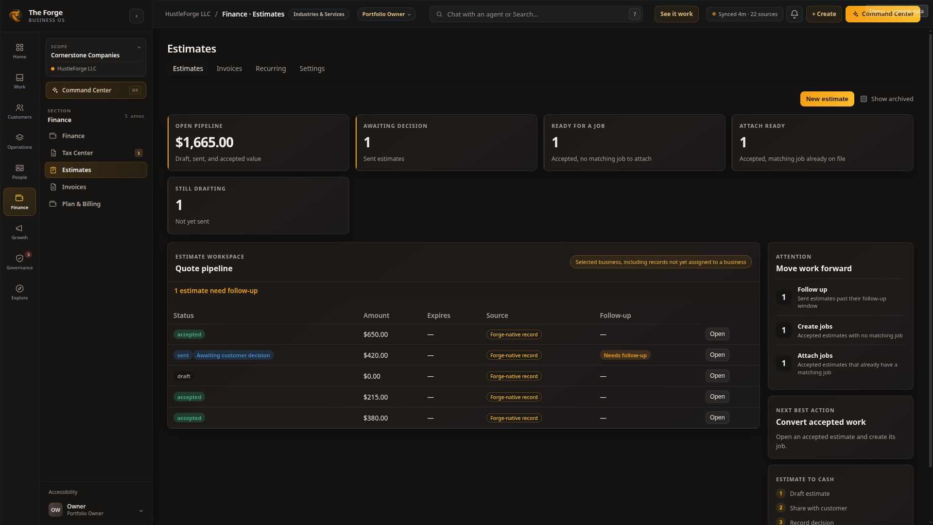 Forge estimates screen: quote pipeline, accepted and sent estimates, and create or attach job actions