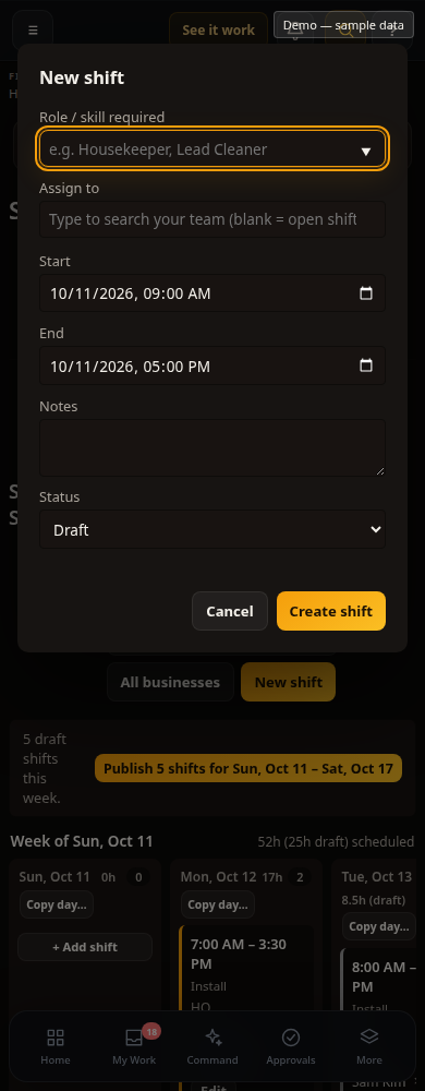 Unchanged local mobile New shift form with role, assignment, start, end and draft status